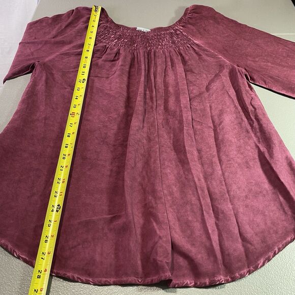 Floral & Ivy Blouse Smocked Neck Crochet Sleeve Tunic Flowy Womens Sz L Red Wine - Picture 7 of 10